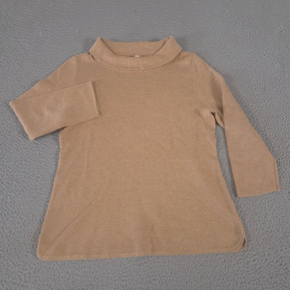 Talbots Sweater Womens Medium Tan 3/4 Sleeve Cotton Blend Funnel Neck Pullover